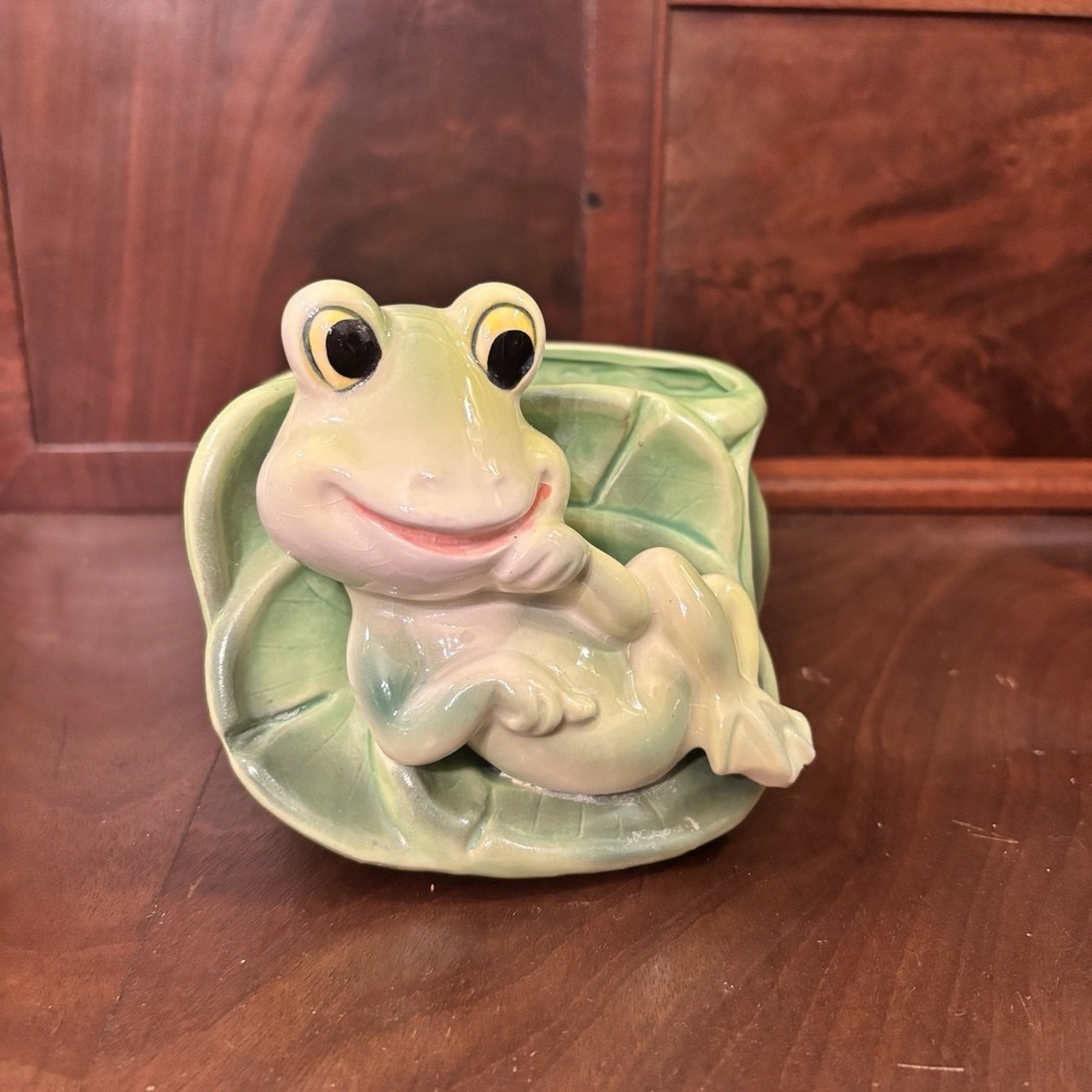 Vintage MCM Ceramic Frog Planter on Lily Pad Green Pot Cachepot Frog Decor